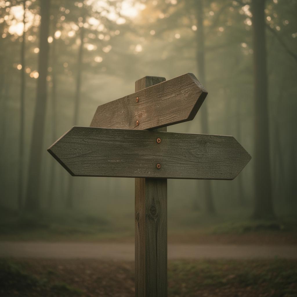 Verwitterter Holz-Wegweiser an einer ruhigen Waldkreuzung im sanften Morgenlicht
